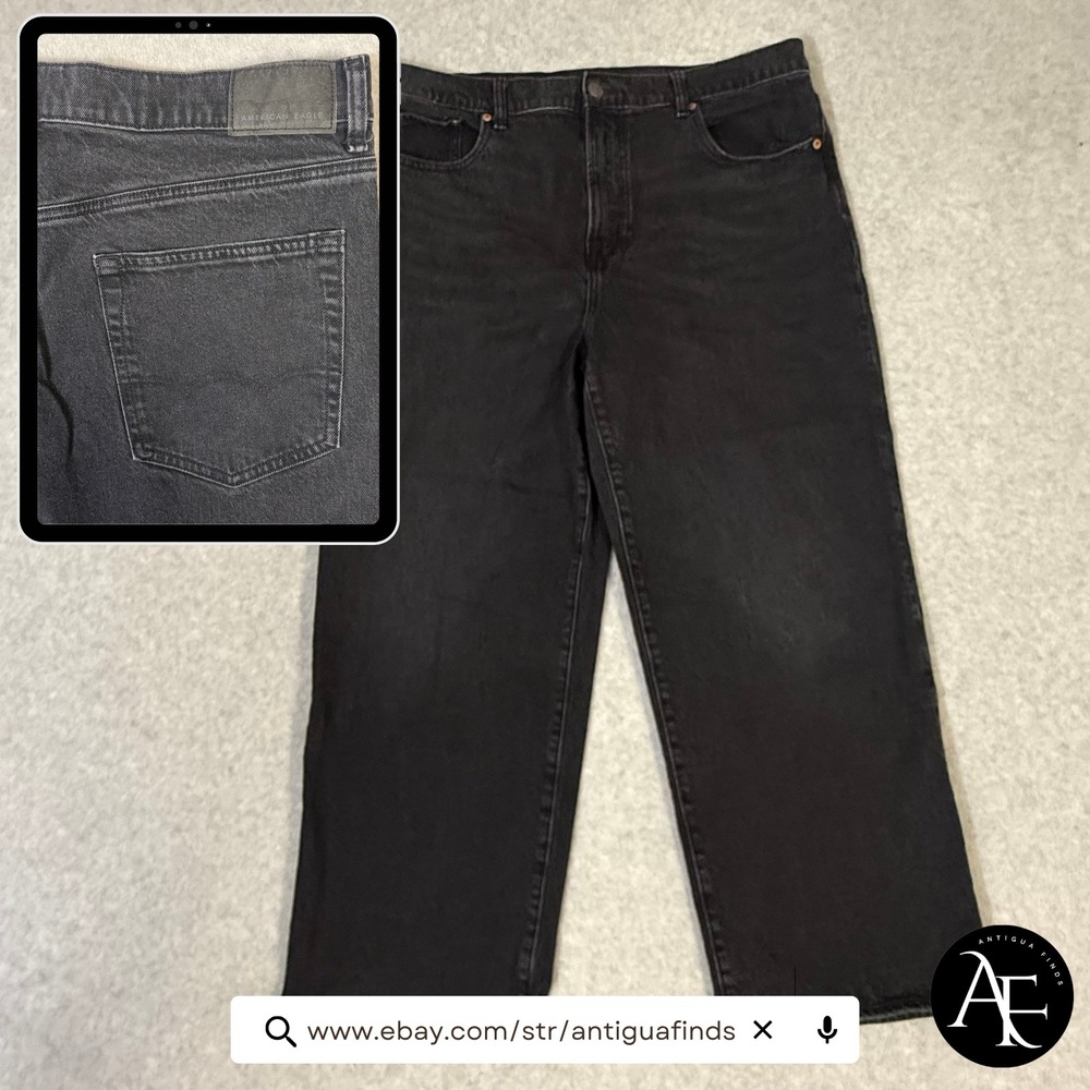American Eagle Mens Baggy Easyflex Jeans 36x30 Washed Black Wide Leg Denim